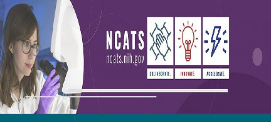 NCATS logo featuring woman looking through microscope